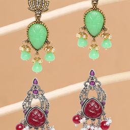 OOMPH Set Of 2 Silver & Gold Plated Floral Drop Earrings-33