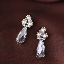 Priyaasi Silver-Plated Crystal Studded Floral Drop Earrings-23