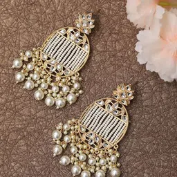 Jazz and Sizzle Women White  Kundan Pearl Oval Drop Earrings-20