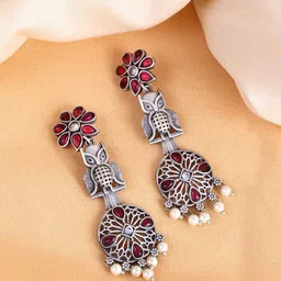 PANASH Silver-Plated Pink Stone Studded & Beaded Earrings-image-96