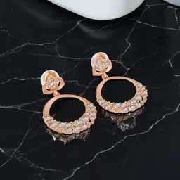 Mahi Rose Gold-Plated Floral Dangler Crystals Studded Oval Shaped Drop Earrings-image-75