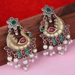 Anouk Silver-Plated Stone-Studded & Beaded Contemporary Oxidised Drop Earrings-image-57