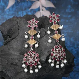 Anouk Silver-Plated Stone-Studded & Beaded Contemporary Oxidised Drop Earrings-17