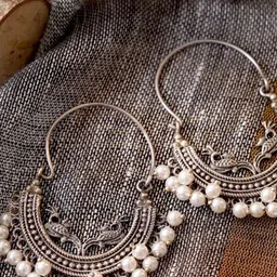 TEEJH Silver-Plated Alloy Contemporary Oxidised Artificial Beads Hoop Earrings-5