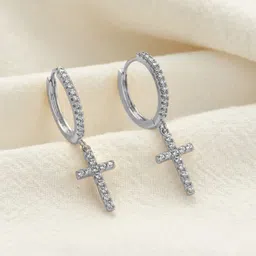 Peora Silver-Plated Cubic Zirconia Studded Contemporary Shaped Drop Earrings-23