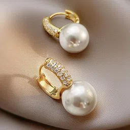 VIEN Stainless Steel Cubic Zirconia Studded & Beaded Contemporary Drop Earrings-49