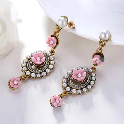 Yellow Chimes Crystals Studded Floral Drop Earrings-14