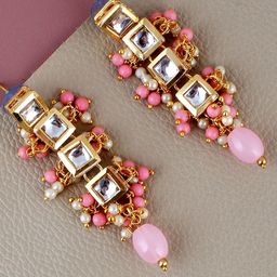 LUCKY JEWELLERY Gold-Plated Contemporary Kundan Studded Drop Earrings-image-100