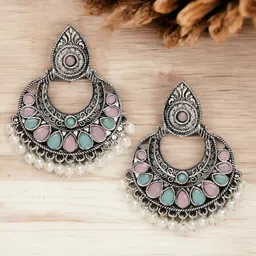 Sangria Silver-Toned Stones Studded Contemporary Oxidised Drop Earrings-image-25