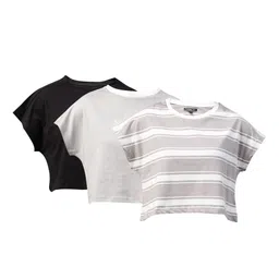 Roadster Women Pack of 3 Cotton Extended Sleeves Crop T-shirts-image-17