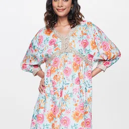 Global Desi Floral Printed Gathered Cuffed Sleeves Gathered A-Line Dress-image-94