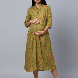 AV2 Olive Green Floral Maternity A-Line Midi Dress-image-78