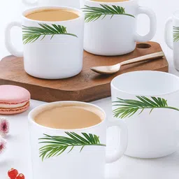 Larah by BOROSIL Green & White 6 Pieces Floral Printed Opalware Matte Mugs 180 ML Each image 1
