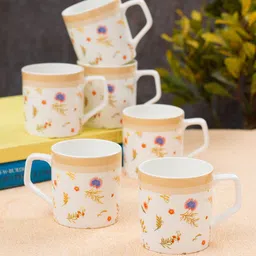 JCPL White and Beige 6 Pieces Handcrafted Printed Ceramic Glossy Cups 220ml-23