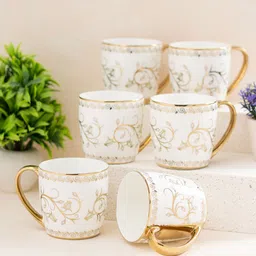 JCPL White and Gold Toned 6 Pieces Handcrafted Printed Ceramic Glossy Cups 200ml-image-6