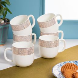 JCPL White and Gold Toned 6 Pieces Handcrafted Printed Ceramic Glossy Cups 240ml-48