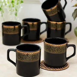 CLAY CRAFT Black 6 pieces Floral Printed Ceramic Glossy Cups-46