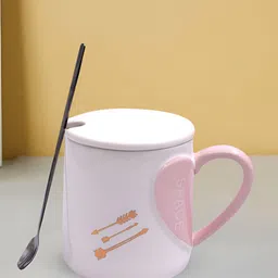 Kookee White & Orange Printed Ceramic Mug With Lid & Handle & Spoon 325 ML-40