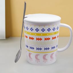 Kookee White & Red Geometric Printed Ceramic Glossy Mug With Lid And Handle & Spoon 300 ml-42