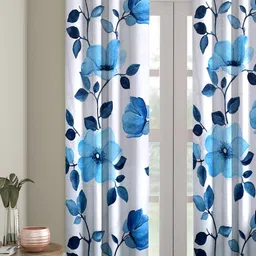 Aura White & Blue 2 Pieces Floral Room Darkening Door Curtains-picture-52