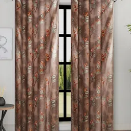 Aura Brown & Green 2 Pieces Floral Printed Room Darkening Long Door Curtain-image-81