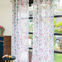 URBAN SPACE White & Pink 2 Pieces Floral Sheer Long Door Curtains-picture-52