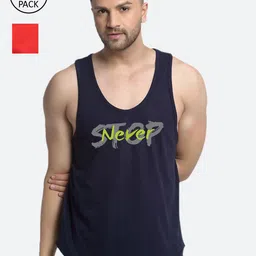 Friskers Men Pack of 2 Navy Blue & Red Printed Innerwear Gym Vests-image-32
