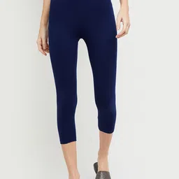 max Women Blue Solid Three-Forth Length Leggings-image-90