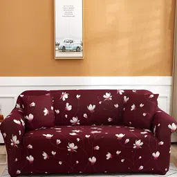 Lukzer Maroon & White Flower Design 4 Seater Sofa Cover With Arms-image-38
