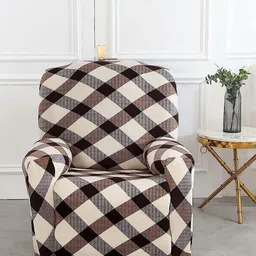 HOUSE OF QUIRK Brown & Grey Printed 1 Seater Fitted Sofa Cover With Arms-image-94