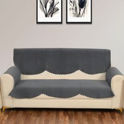 Sparrow world Grey 4 Pieces Quilted Velvet 3 Seater Sofa Cover With Arms-image-68