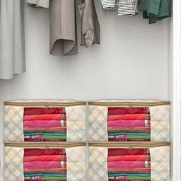 Kuber Industries Cream 3 Pieces Checked Foldable Saree Covers-37