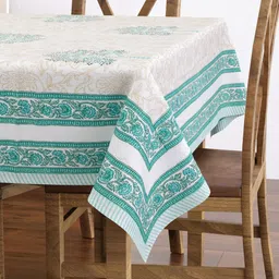 BLOCKS OF INDIA Cream-Coloured Floral Cotton Rectangle 6-Seater Table Cover-19