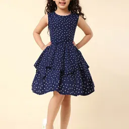 A T U N Navy Blue Layered Crepe Dress-image-56