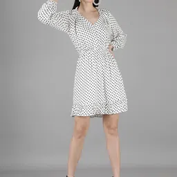 Amagyaa White & Black Polka Dots Printed Crepe Dress-image-57