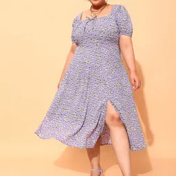 CURVY STREET Plus Size Lavender & White Floral Printed Square Neck A-Line Dress-picture-16
