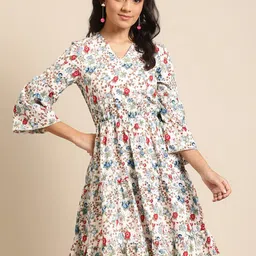 DODO & MOA White & Red Floral A-Line Dress-image-87