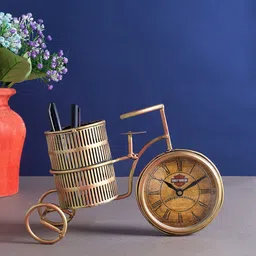 Golden Peacock Gold-Toned Handcrafted Clock With Cycle Pen Stand-image-53