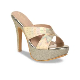 VALIOSAA Gold-Toned Textured Party Platform Sandals 5 Inch Heels-56