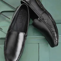 Mactree Men Black Solid Leather Loafers-image-99