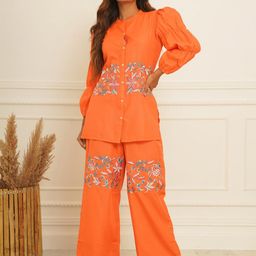 CRAFTED FOR YOU Floral Embroidered Mandarin Collar Puff Sleeve Top With Trousers-picture-31