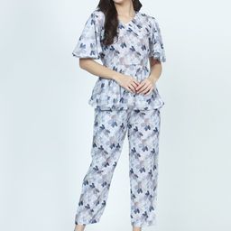 Chanting Blue Muslin Bell sleeve Angrakha Top & Trousers-image-65