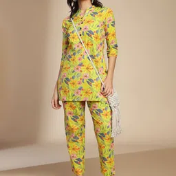 KALINI Floral Printed Mandarin Collar Pure Cotton Tunic With Trousers-picture-13