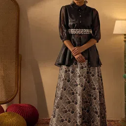 Anouk Floral Printed Peplum Shirt With Skirt & Belt-picture-49