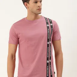 Rodzen Men Pink & Black Brand Logo Striped Applique Slim Fit T-shirt-image-53