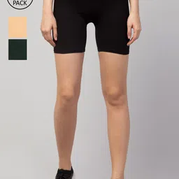 Apraa & Parma Women Black and Beige Pack of 3 Slim Fit Cycling Sports Shorts-image-2