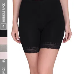 PLUMBURY Women Pack Of 4 Mid-Rise Lace Edge Shorts-image-3
