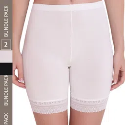 PLUMBURY Women Pack Of 2 Mid-Rise Lace Edge Shorts-image-52