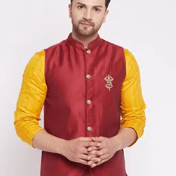 even Men Maroon Solid Woven Nehru Jacket-image-53