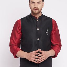 even Men Black Solid Woven Nehru Jacket-9